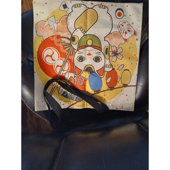 Waving Lucky Hello Cat Kitty Canvas Bag Large Purse Handbag 15.7" - Picture 4 of 5